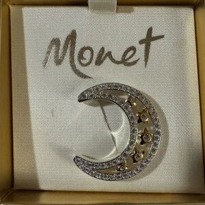 VTG  Monet  Silver and Gold Crescent Moon Brooch With Cubic Zirconia Accents NWT